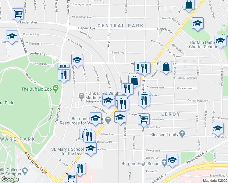 map of restaurants, bars, coffee shops, grocery stores, and more near 67 Greenfield Street in Buffalo
