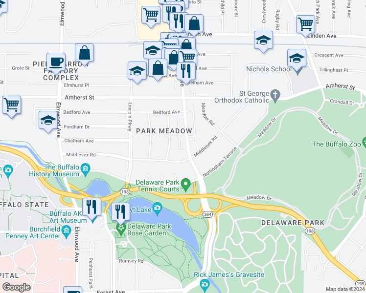 map of restaurants, bars, coffee shops, grocery stores, and more near in Buffalo