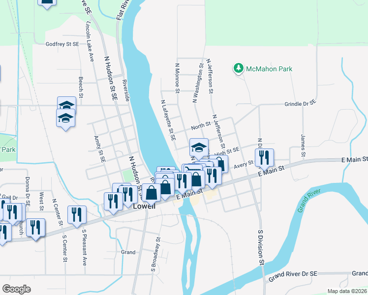 map of restaurants, bars, coffee shops, grocery stores, and more near 403 North Monroe Street in Lowell
