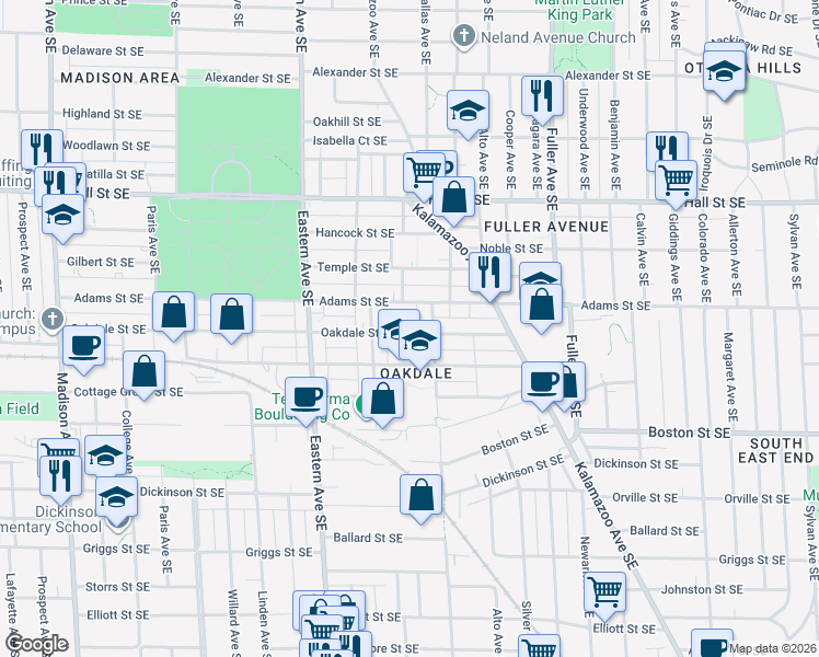 map of restaurants, bars, coffee shops, grocery stores, and more near 921 Oakdale Street Southeast in Grand Rapids