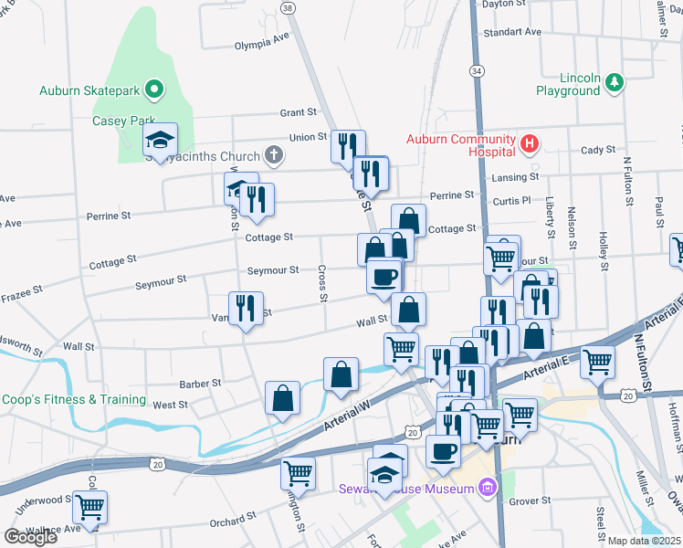 map of restaurants, bars, coffee shops, grocery stores, and more near 164 Seymour Street in Auburn