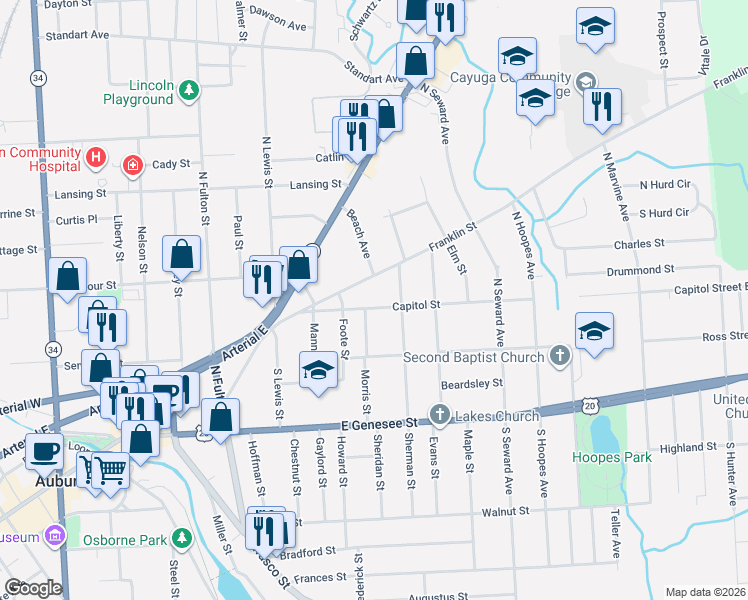 map of restaurants, bars, coffee shops, grocery stores, and more near 35-37 Capitol Street in Auburn
