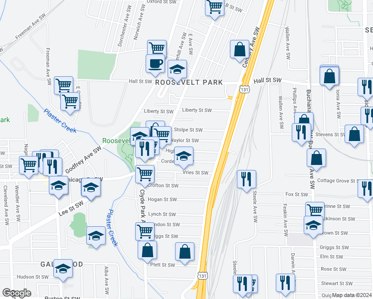map of restaurants, bars, coffee shops, grocery stores, and more near 627 High Street Southwest in Grand Rapids