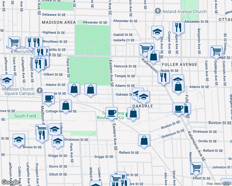 map of restaurants, bars, coffee shops, grocery stores, and more near 809 Oakdale Street Southeast in Grand Rapids