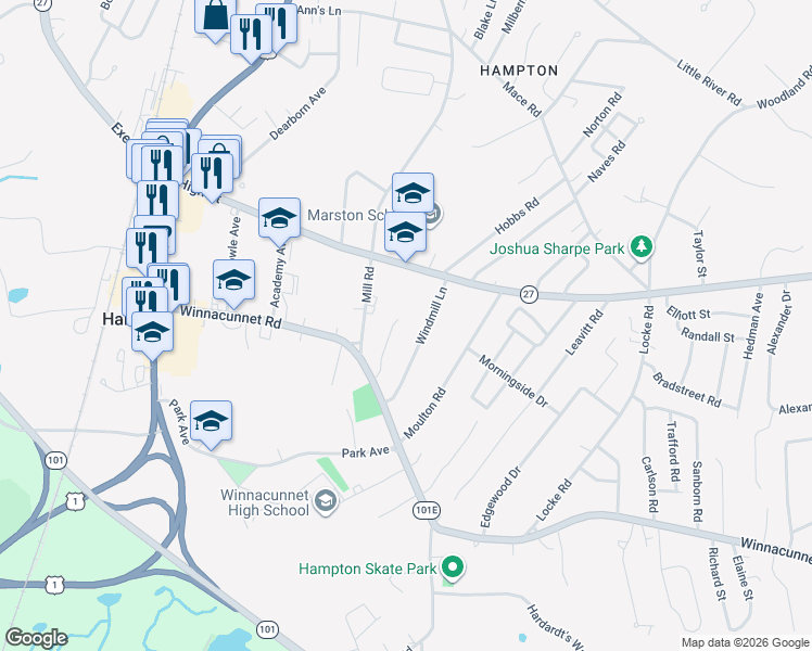 map of restaurants, bars, coffee shops, grocery stores, and more near 28 Windmill Lane in Hampton