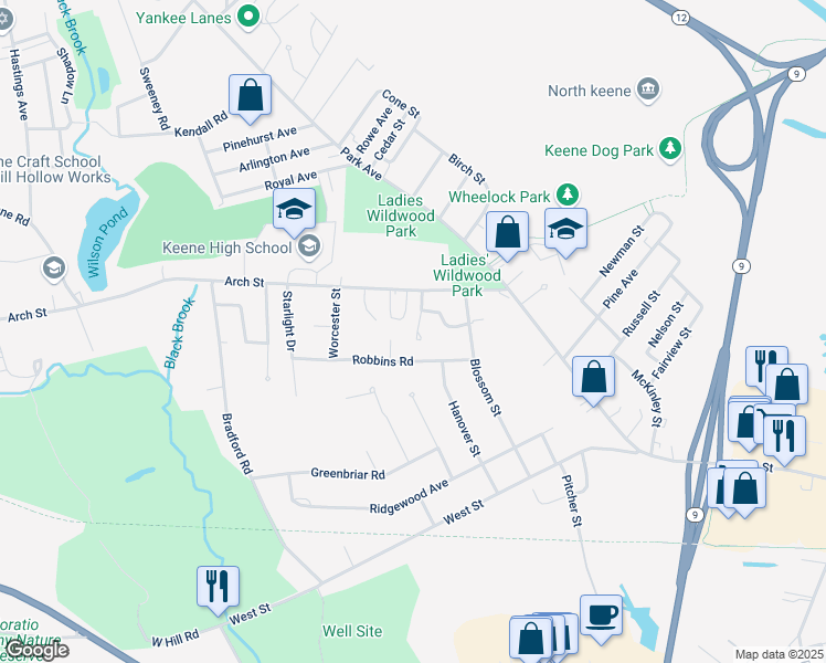 map of restaurants, bars, coffee shops, grocery stores, and more near 19 Iceland Circle in Keene