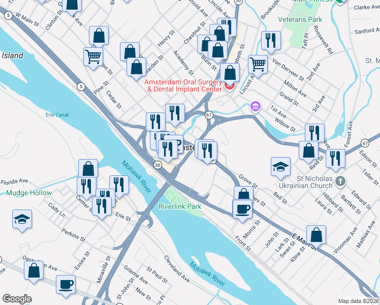 map of restaurants, bars, coffee shops, grocery stores, and more near 16 Church Street in Amsterdam