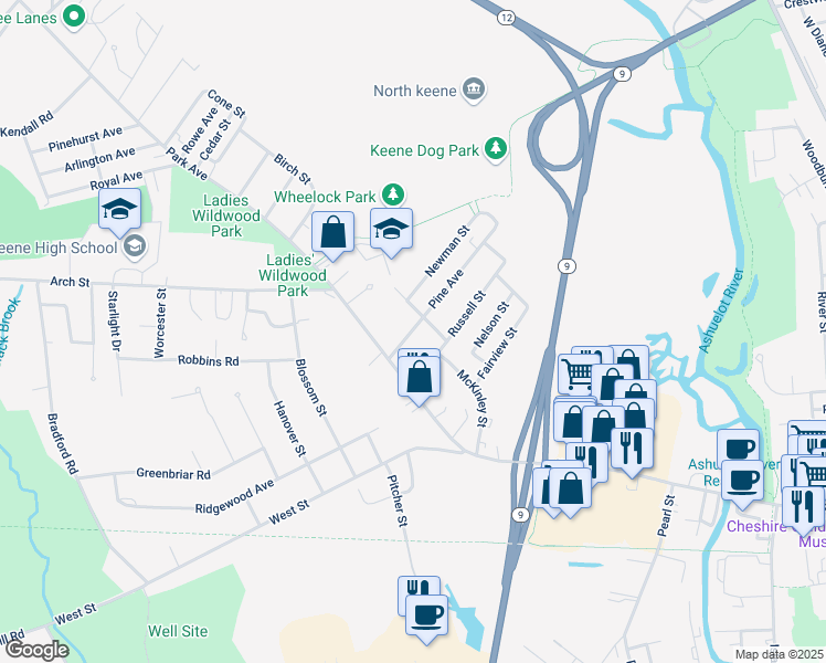 map of restaurants, bars, coffee shops, grocery stores, and more near 21 Pine Avenue in Keene