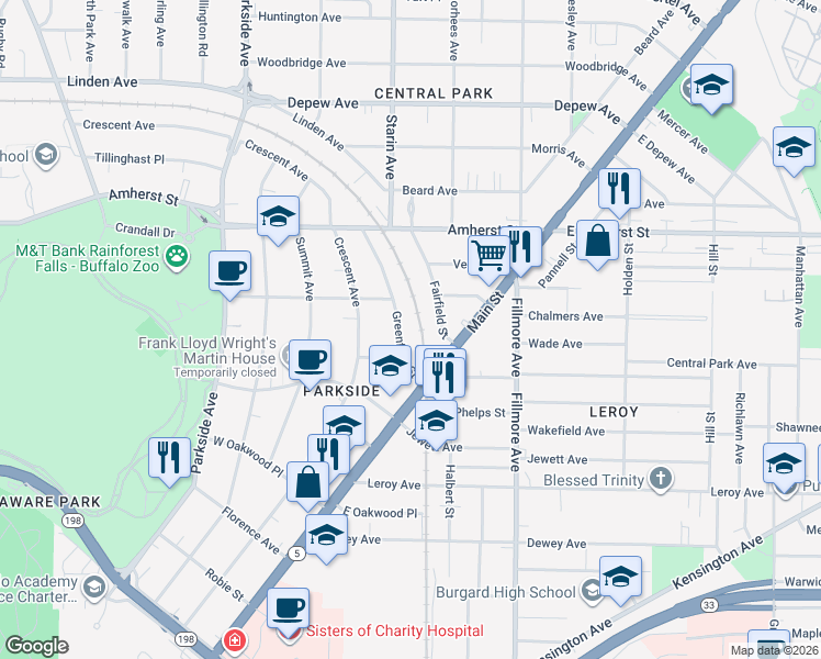 map of restaurants, bars, coffee shops, grocery stores, and more near 67 Greenfield Street in Buffalo