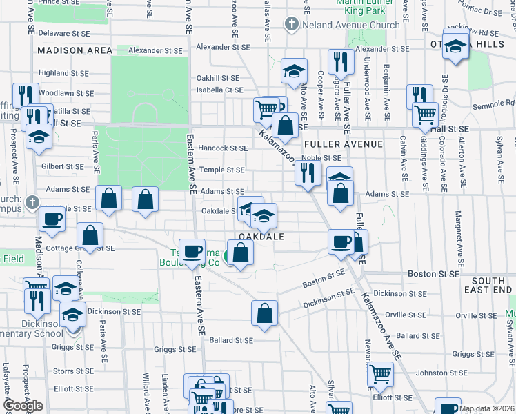 map of restaurants, bars, coffee shops, grocery stores, and more near 921 Oakdale Street Southeast in Grand Rapids