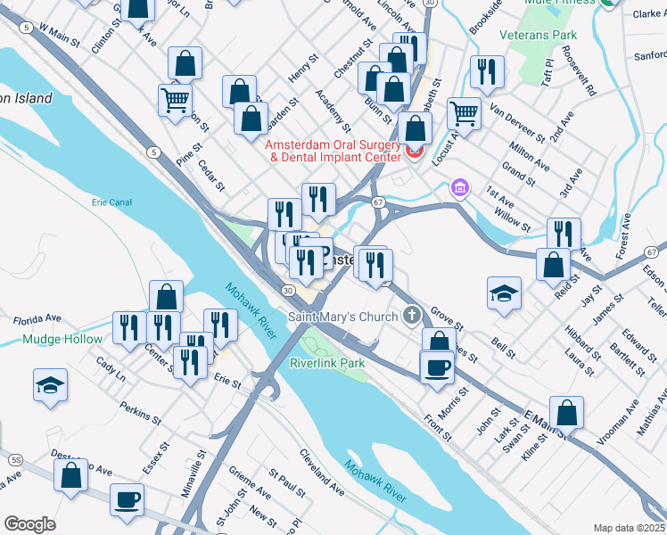 map of restaurants, bars, coffee shops, grocery stores, and more near 1850 Riverfront Center in Amsterdam