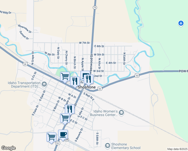 map of restaurants, bars, coffee shops, grocery stores, and more near 157 E 2nd St in Shoshone
