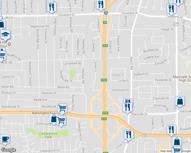 map of restaurants, bars, coffee shops, grocery stores, and more near 66 Susan Lane in Cheektowaga