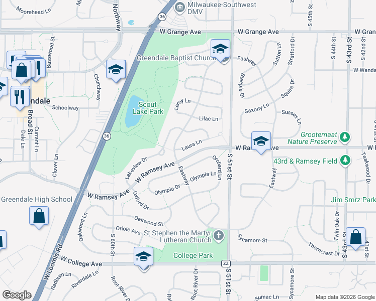 map of restaurants, bars, coffee shops, grocery stores, and more near 5441 Laura Lane in Greendale
