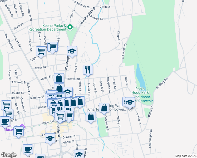 map of restaurants, bars, coffee shops, grocery stores, and more near 74 Beech Street in Keene