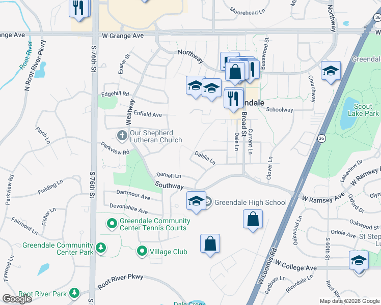 map of restaurants, bars, coffee shops, grocery stores, and more near 6725 Daffodil Lane in Greendale