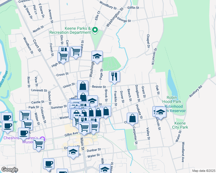 map of restaurants, bars, coffee shops, grocery stores, and more near 64 Beaver Street in Keene