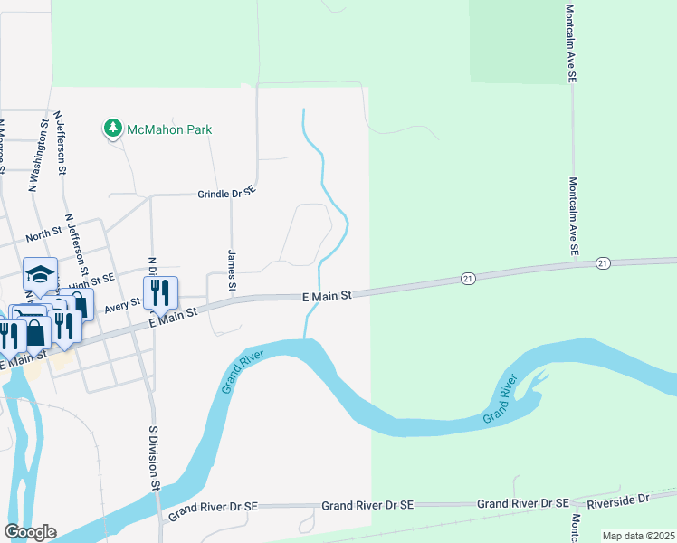 map of restaurants, bars, coffee shops, grocery stores, and more near 1325 East Main Street in Lowell
