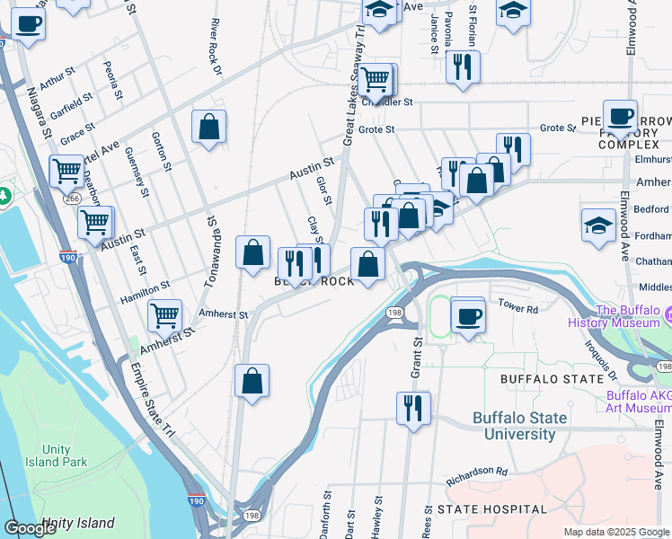 map of restaurants, bars, coffee shops, grocery stores, and more near 302 Amherst Street in Buffalo