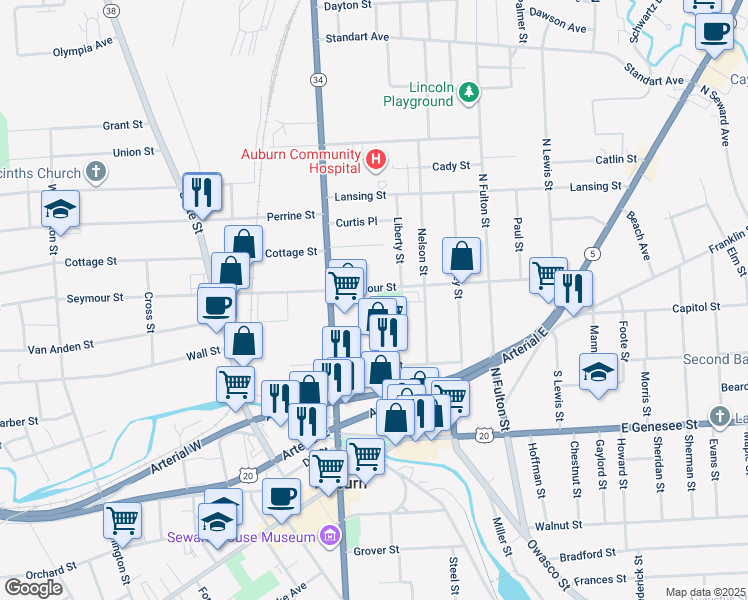 map of restaurants, bars, coffee shops, grocery stores, and more near 74 Seymour Street in Auburn