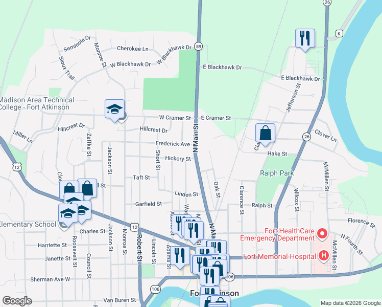 map of restaurants, bars, coffee shops, grocery stores, and more near 707 North Main Street in Fort Atkinson