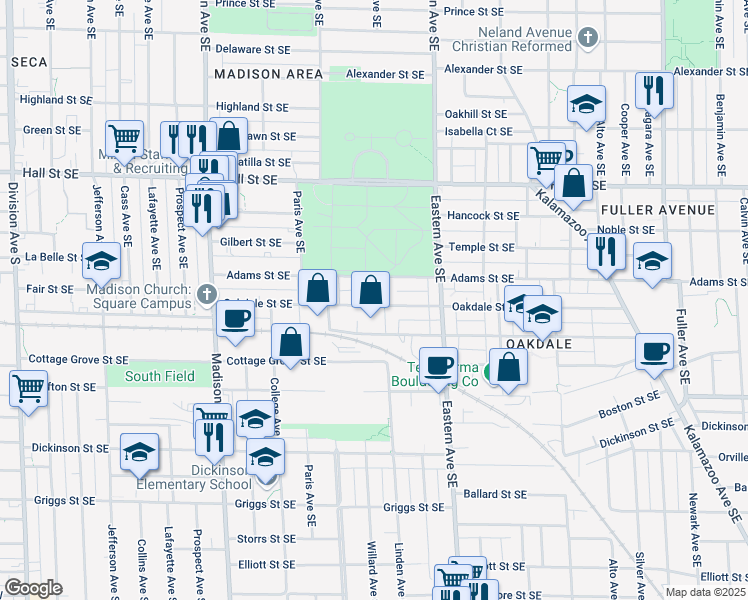 map of restaurants, bars, coffee shops, grocery stores, and more near 649 Oakdale Street Southeast in Grand Rapids