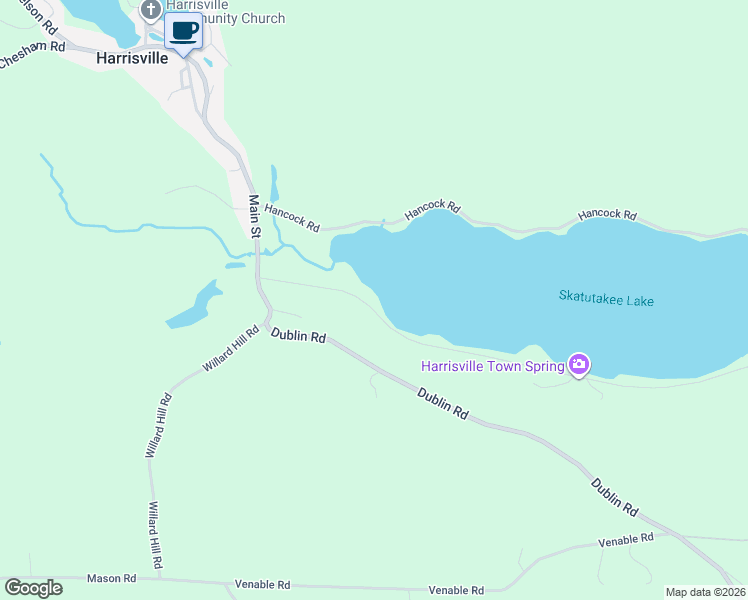 map of restaurants, bars, coffee shops, grocery stores, and more near 55 Skatutakee Road in Harrisville