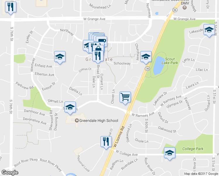 map of restaurants, bars, coffee shops, grocery stores, and more near 5908 Cornflower Lane in Greendale