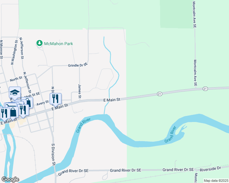 map of restaurants, bars, coffee shops, grocery stores, and more near 1325 East Main Street in Lowell