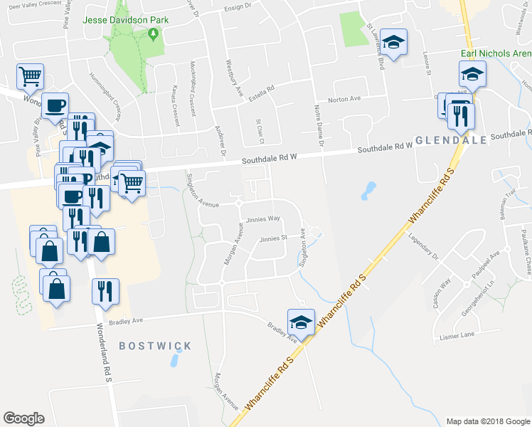 map of restaurants, bars, coffee shops, grocery stores, and more near 3217 Jinnies Way in London