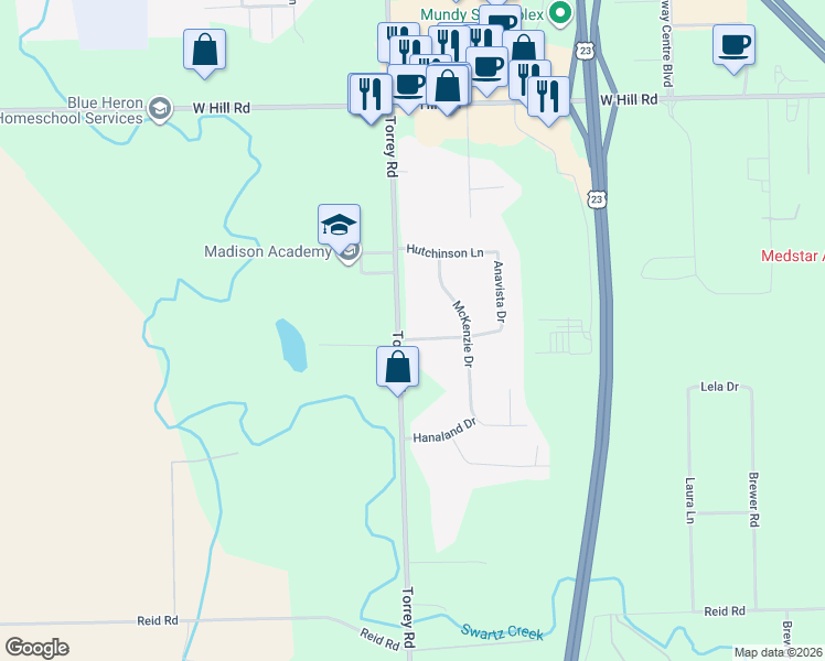 map of restaurants, bars, coffee shops, grocery stores, and more near 2512 Woodland Trail in Flint
