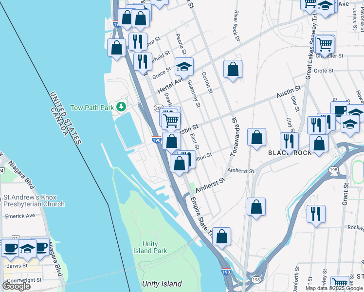 map of restaurants, bars, coffee shops, grocery stores, and more near 310 Dearborn Street in Buffalo