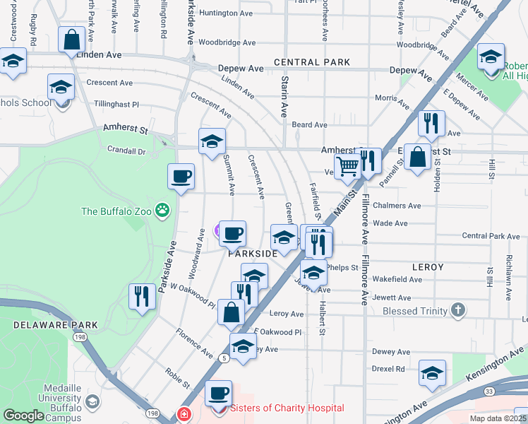 map of restaurants, bars, coffee shops, grocery stores, and more near 378 Crescent Avenue in Buffalo