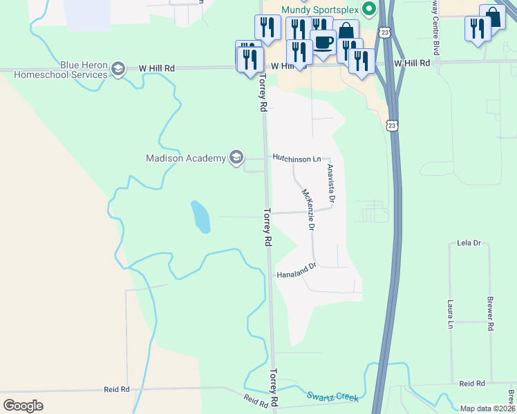 map of restaurants, bars, coffee shops, grocery stores, and more near 2512 Woodland Trail in Flint