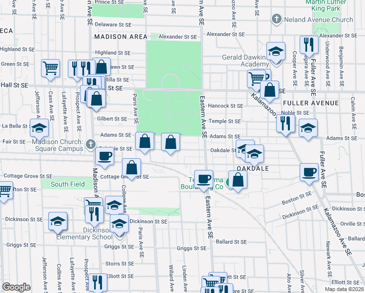 map of restaurants, bars, coffee shops, grocery stores, and more near 657 Oakdale Street Southeast in Grand Rapids