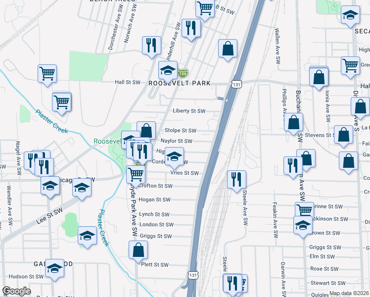 map of restaurants, bars, coffee shops, grocery stores, and more near 543 High Street Southwest in Grand Rapids
