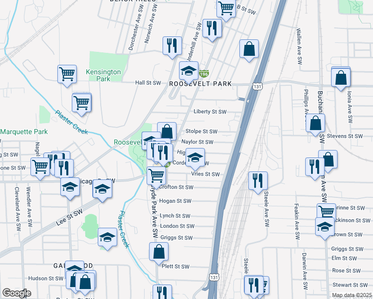 map of restaurants, bars, coffee shops, grocery stores, and more near 1418 Grandville Avenue Southwest in Grand Rapids