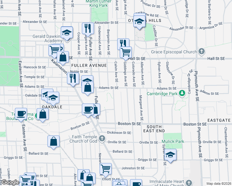 map of restaurants, bars, coffee shops, grocery stores, and more near 1416 Calvin Avenue Southeast in Grand Rapids