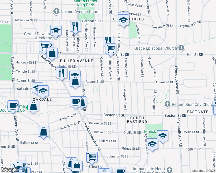 map of restaurants, bars, coffee shops, grocery stores, and more near 1410 Edward Avenue Southeast in Grand Rapids