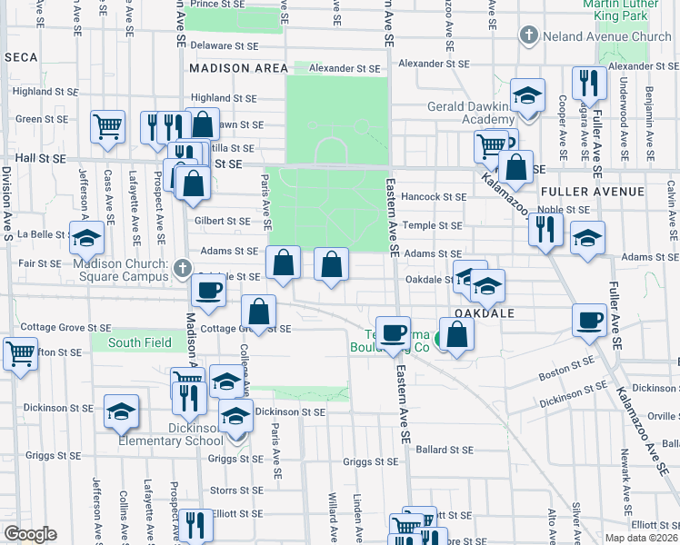map of restaurants, bars, coffee shops, grocery stores, and more near 657 Oakdale Street Southeast in Grand Rapids