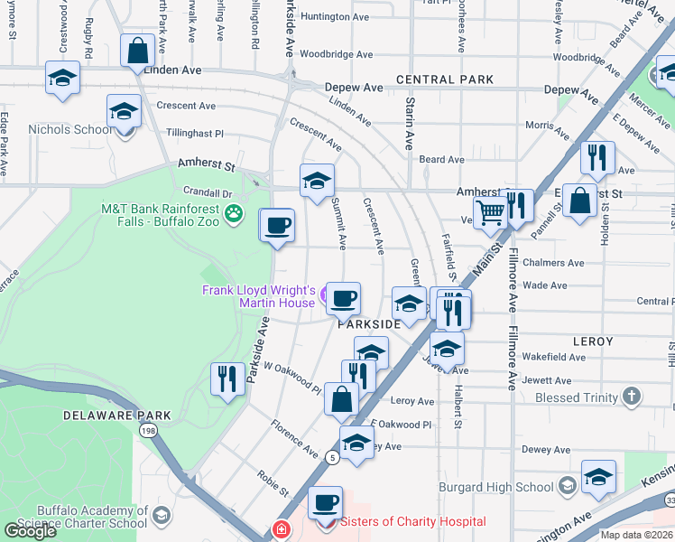 map of restaurants, bars, coffee shops, grocery stores, and more near 152 Summit Avenue in Buffalo