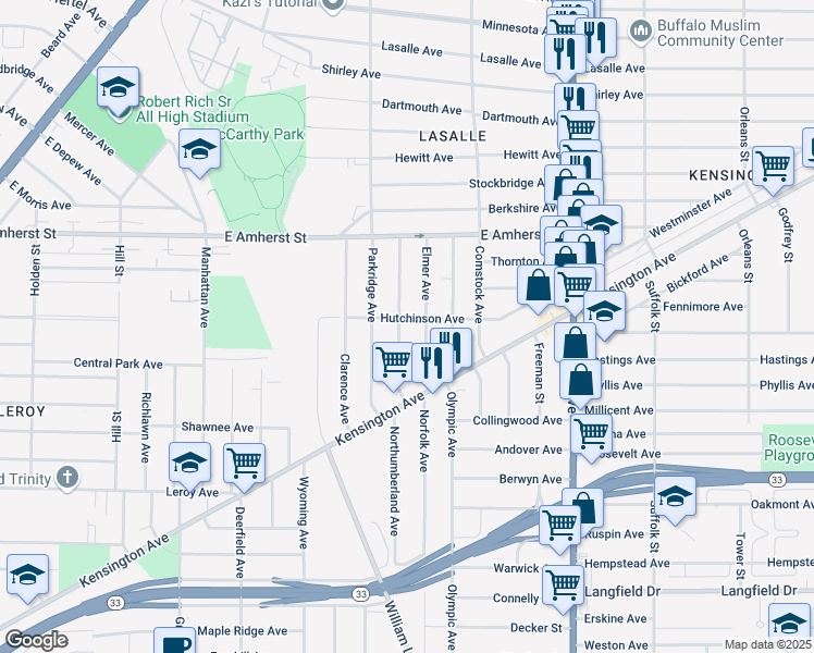 map of restaurants, bars, coffee shops, grocery stores, and more near 81 Poultney Avenue in Buffalo