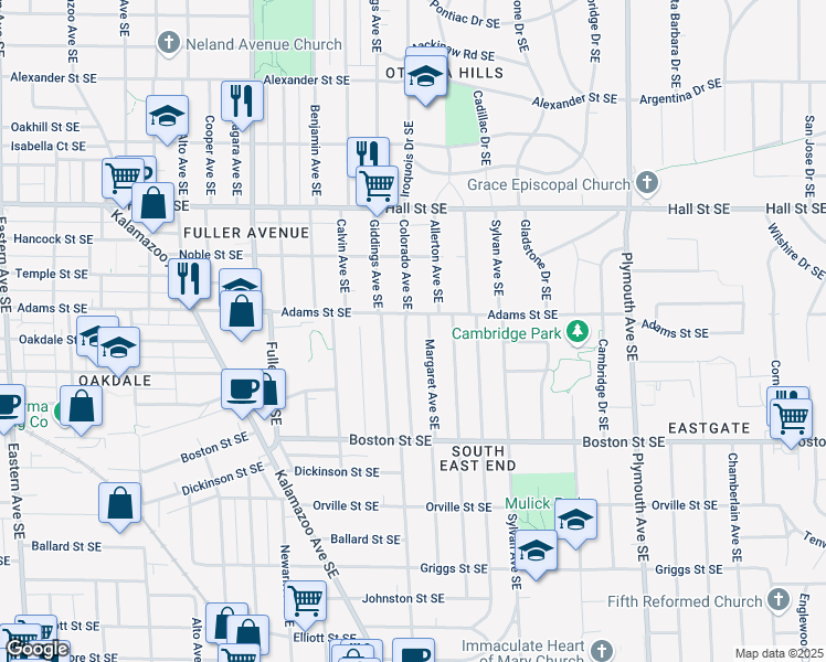 map of restaurants, bars, coffee shops, grocery stores, and more near 1414 Colorado Avenue Southeast in Grand Rapids