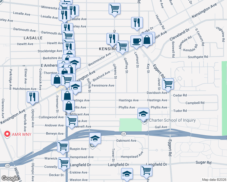 map of restaurants, bars, coffee shops, grocery stores, and more near 172 Davidson Avenue in Buffalo