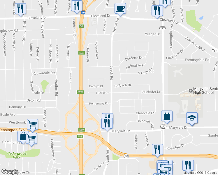 map of restaurants, bars, coffee shops, grocery stores, and more near 616 Beach Road in Buffalo
