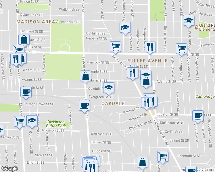 map of restaurants, bars, coffee shops, grocery stores, and more near 921 Oakdale Street Southeast in Grand Rapids