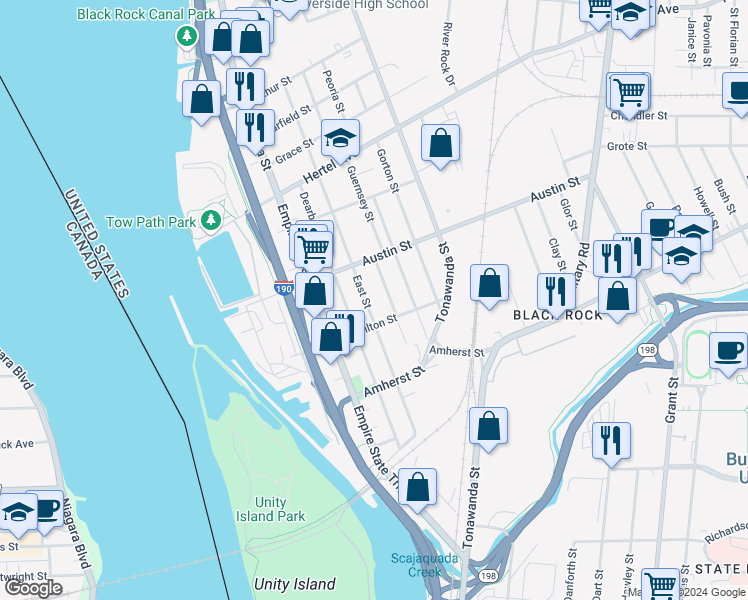map of restaurants, bars, coffee shops, grocery stores, and more near 219 East Street in Buffalo
