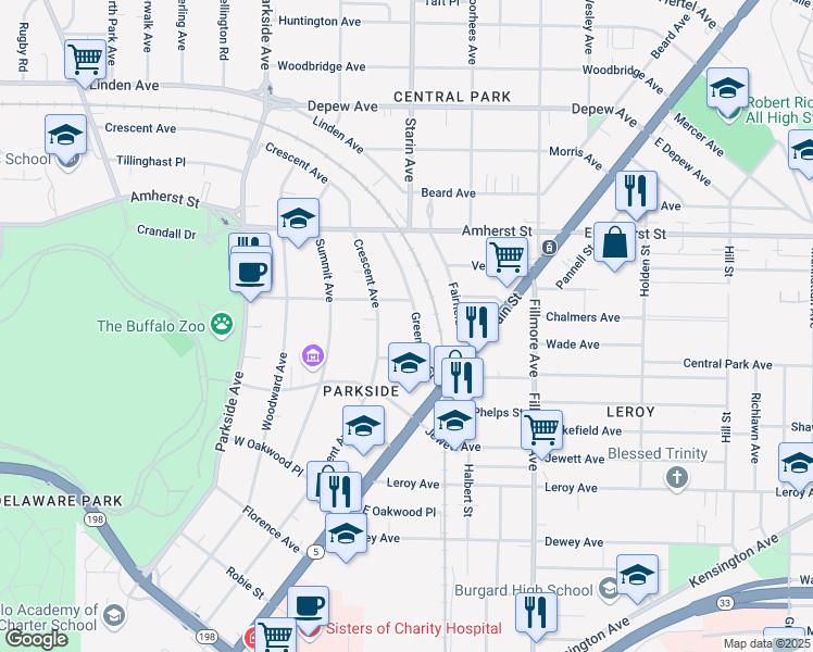 map of restaurants, bars, coffee shops, grocery stores, and more near 74 Greenfield Street in Buffalo