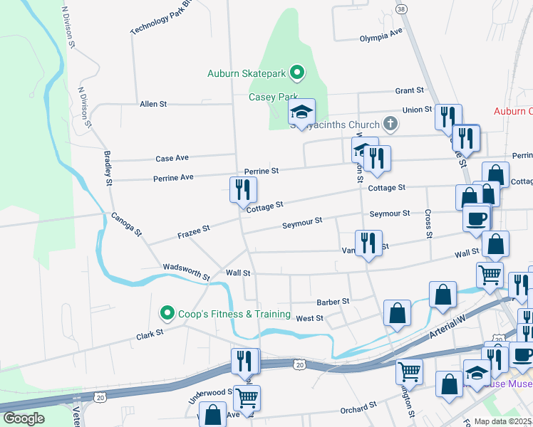 map of restaurants, bars, coffee shops, grocery stores, and more near 188 Cottage Street in Auburn