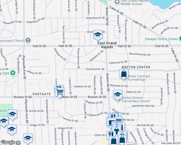 map of restaurants, bars, coffee shops, grocery stores, and more near 2249 Estelle Drive Southeast in Grand Rapids